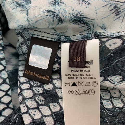 ROBERTO CAVALLI Size 2 Grey Blue Cream Silk Snake Skin Print V-Neck Blouse