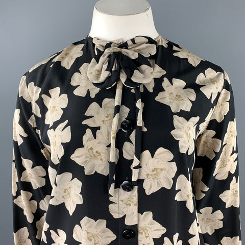 VINTAGE Taille L Blouse boutonnée florale noire et blanche