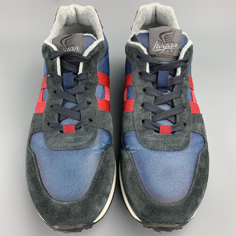 HOGAN H86RUN Taille 11 Baskets à lacets en cuir color block bleu marine et bordeaux