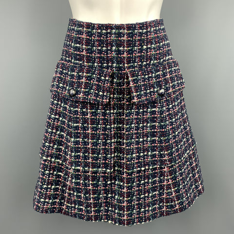CHANEL FW 2013 Talla 2 Traje de falda de línea A con cuello alto de tweed multicolor azul marino