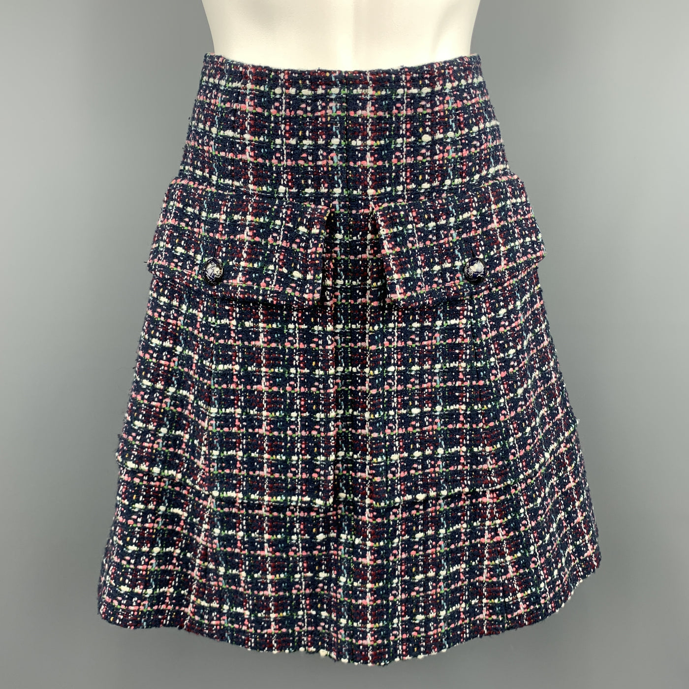 CHANEL FW 2013 Size 2 Navy Multi-Color Tweed High Collar A Line Skirt-Suit