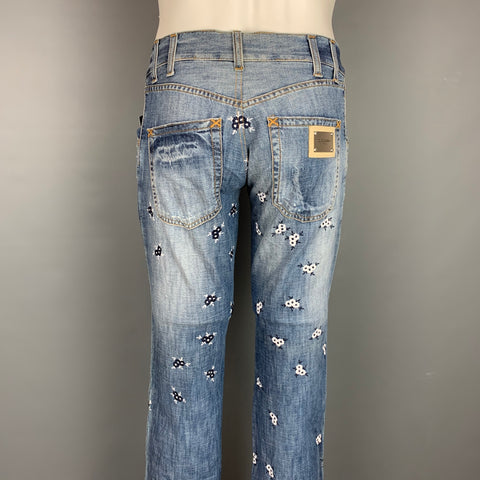 DOLCE & GABBANA Size 30 Blue Floral Embroidery Cotton Jeans