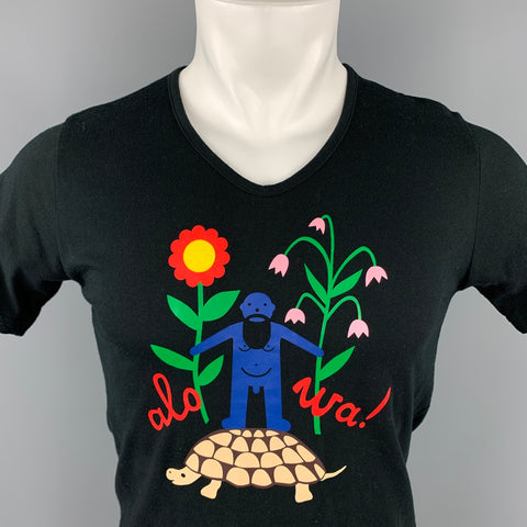 WALTER VAN BEIRENDONCK Size M Black Graphic Cotton V-Neck T-shirt