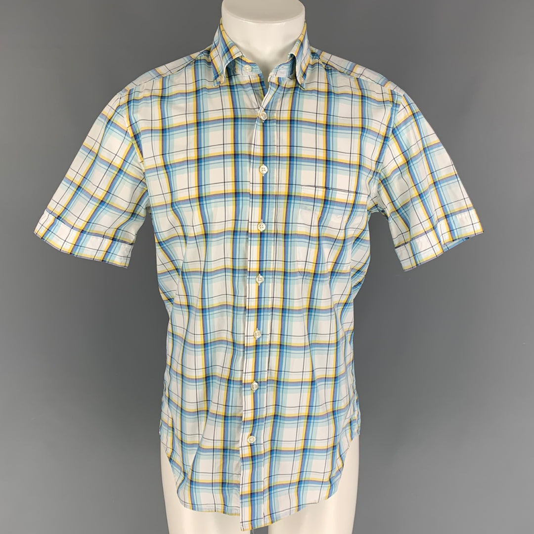 CAFE COTON Size M White Blue Yellow Plaid Cotton Short Sleeve Shirt Sui Generis Designer Consignment CAFE COTON Size M White Blue Yellow Plaid Cotton Short Sleeve Shirt Sui Generis Designer Consignment