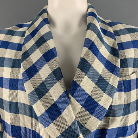 LA PERLA Size L Blue Off White Checkered Silk Linen Belted Robe