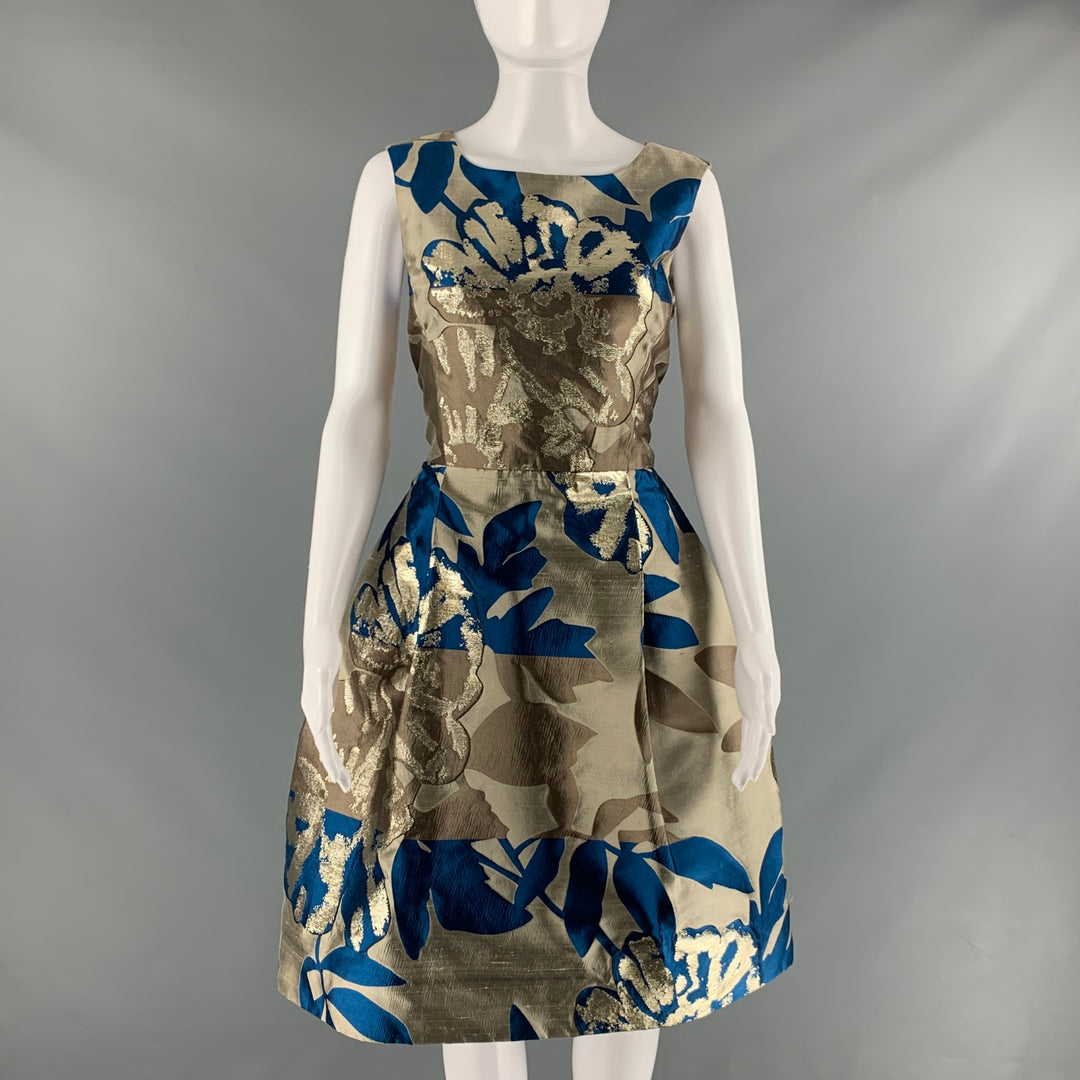 OSCAR DE LA RENTA Size 8 Taupe Blue Polyester Silk Print A-Line Cocktail Dress