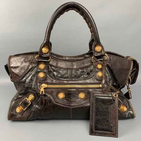 BALENCIAGA City Giant Studs Medium Brown Leather Satchel Handbag