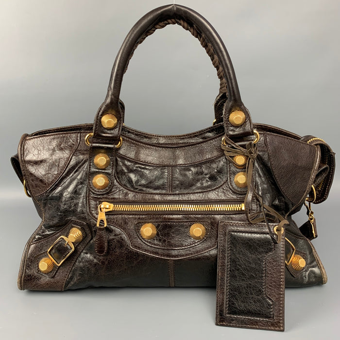 BALENCIAGA City Giant Studs Medium Brown Leather Satchel Handbag