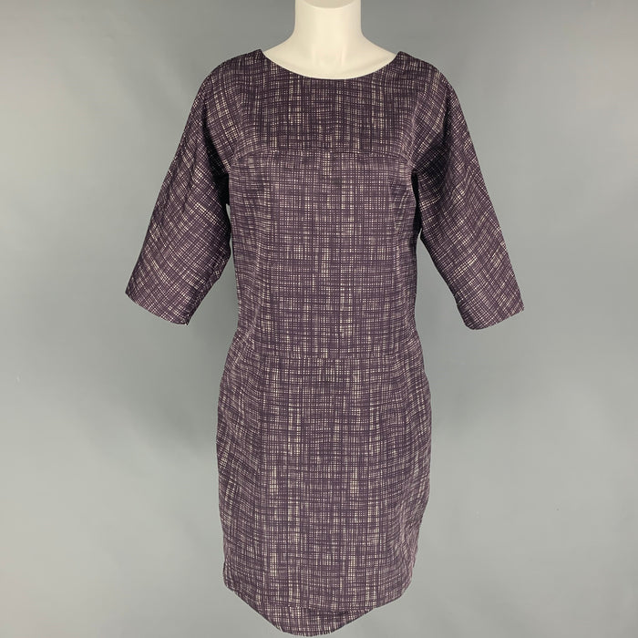 MARNI Size 6 Eggplant White Polyester Plaid 3/4 Sleeves Dress
