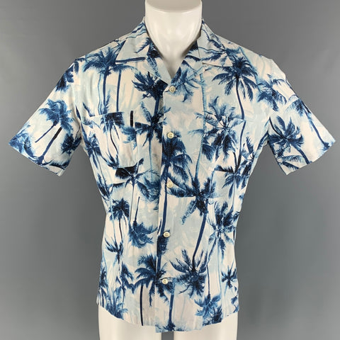 SAINT LAURENT Size M Blue White Palms Cotton Camp Short Sleeve Shirt