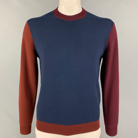 PAUL SMITH Size M Navy Burgundy Color Block Merino Wool Crew-Neck Sweater