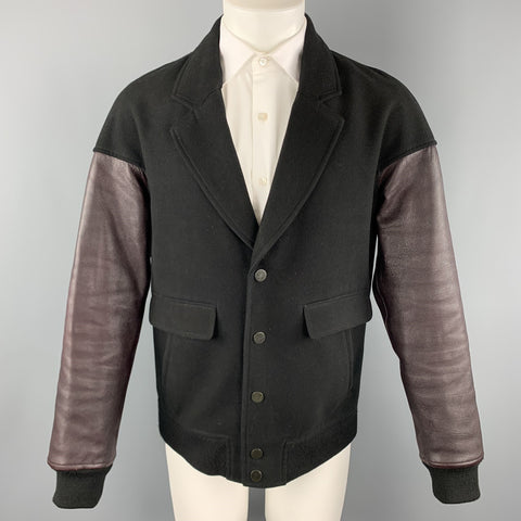 ALEXANDER WANG Talla M Chaqueta con solapa de muesca y mangas de cuero en lana y materiales mixtos en negro y burdeos