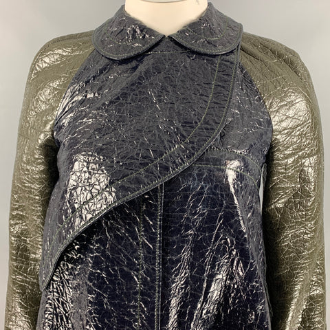 BALENCIAGA Size 8 Navy Green Cotton Blend Color Block Faux Patent Leather Coat