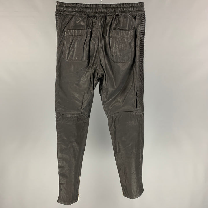 BALMAIN Size XL Black Leather Elastic Waistband Casual Pants