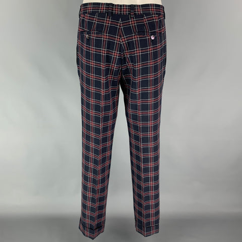 MICHAEL BASTIAN Size 40 Navy & Red Plaid Cotton Peak Lapel Suit