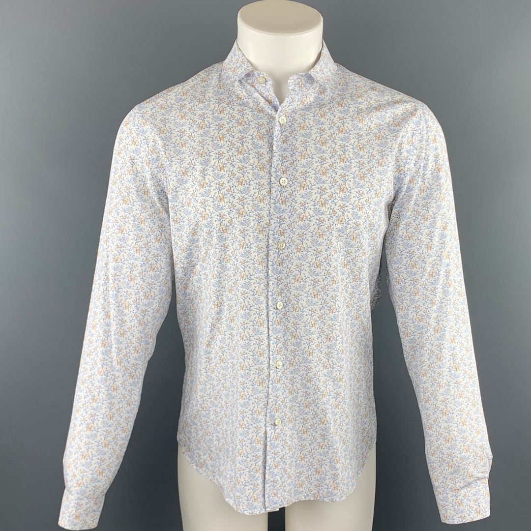PRADA Talla M Camisa de manga larga con botones de algodón con estampado azul y marrón