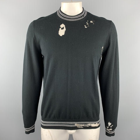 MAISON MARGIELA Talla L Suéter tipo jersey con ribete de rayas en contraste en mezcla de algodón desgastado negro