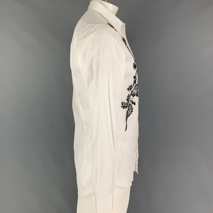 ALEXANDER MCQUEEN Size XL White Black Embroidery Cotton Long Sleeve Shirt