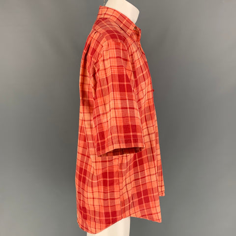 PAUL STUART Size M Red Orange Plaid Cotton Short Sleeve Shirt
