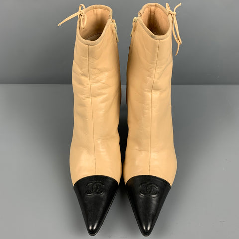 CHANEL Size 9 Beige Black Leather Cap Toe Boots