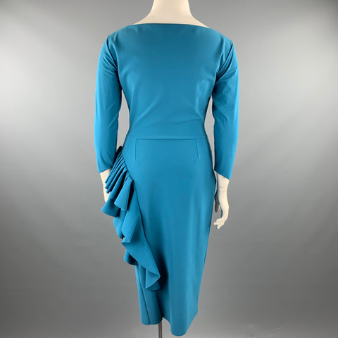 CHIARA BONI Size 14 Teal Polyamide Mid-Calf Ruffle Cocktail Dress