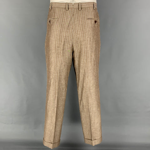 BRIONI for WILKES BASHFORD Size 42 Tan Light Blue Stripe Wool Linen Notch Lapel Suit
