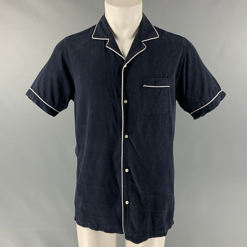 OFFICINE GENERALE Size M Navy Cotton Blend Camp Short Sleeve Shirt