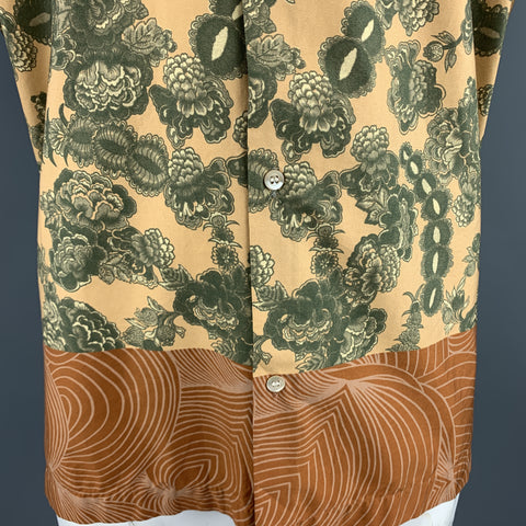 DRIES VAN NOTEN Size XL Gold & Green Floral Cotton Bronze Hem Short Sleeve Shirt
