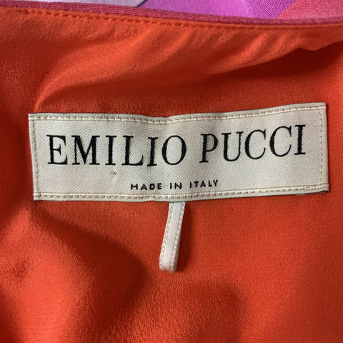 EMILIO PUCCI Size 10 Orange Multicolour Silk Abstract Below Knee Cocktail Dress