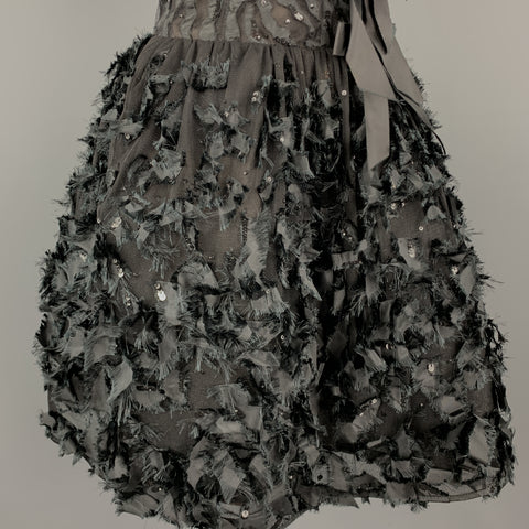 OSCAR DE LA RENTA 6 Black Sequin Mesh Silk Bows Buubble Skirt Cocktail Dress