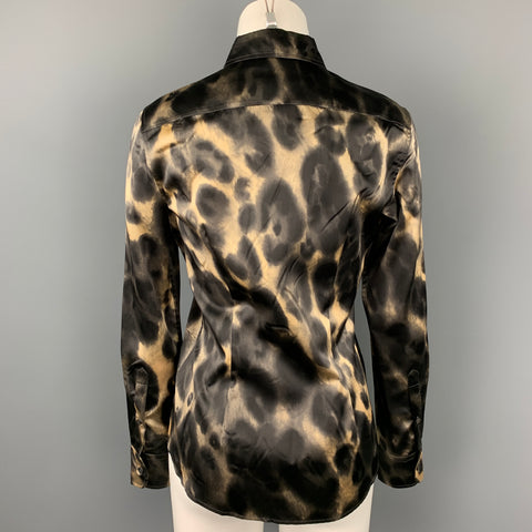 PRADA Taille 2 Blouse boutonnée en soie satinée noire et beige