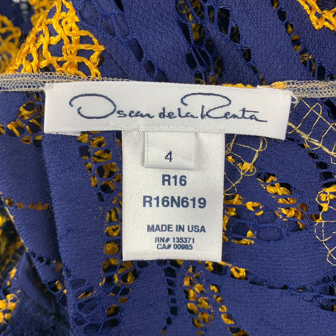 OSCAR DE LA RENTA Resort 2016 Size 4 Blue Yellow Cotton Blend Embroidered Cocktail Dress