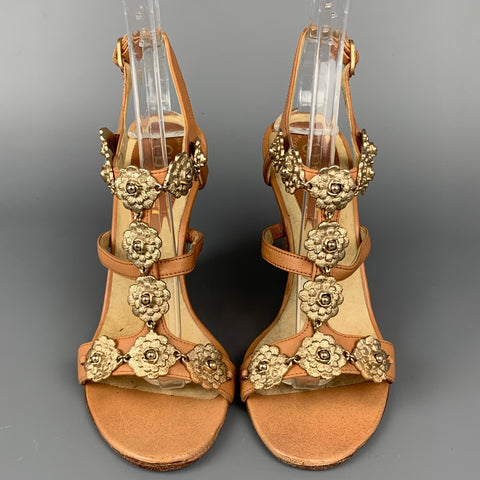 CHANEL Camelia Size 6.5 Tan & Gold Leather T-strap Cork Wedge Sandals