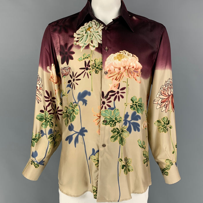 Vintage GUCCI by Tom Ford 2001 Size L Beige Floral Silk Button Up Long Sleeve Shirt