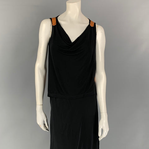 JEAN PAUL GAULTIER Size 6 Black & Tan Rayon Blend Mixed Fabrics Leather Wrap Dress