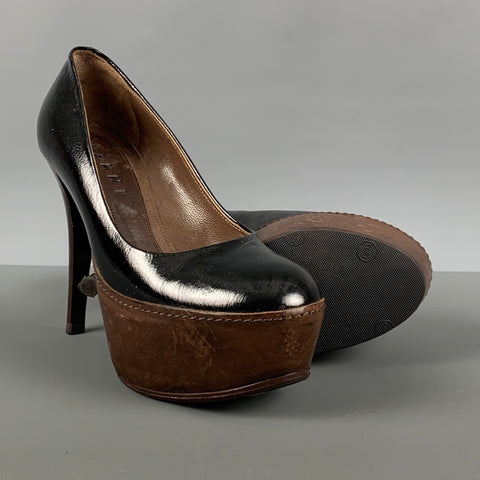 MARNI Size 5.5 Black Brown Two Tone Patent Leather Platform Pumps