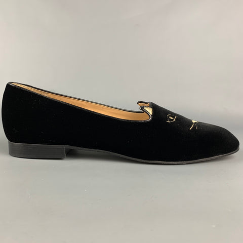 CHARLOTTE OLYMPIA Size 11 Black & Gold Embroidery Velvet Slip On Loafers