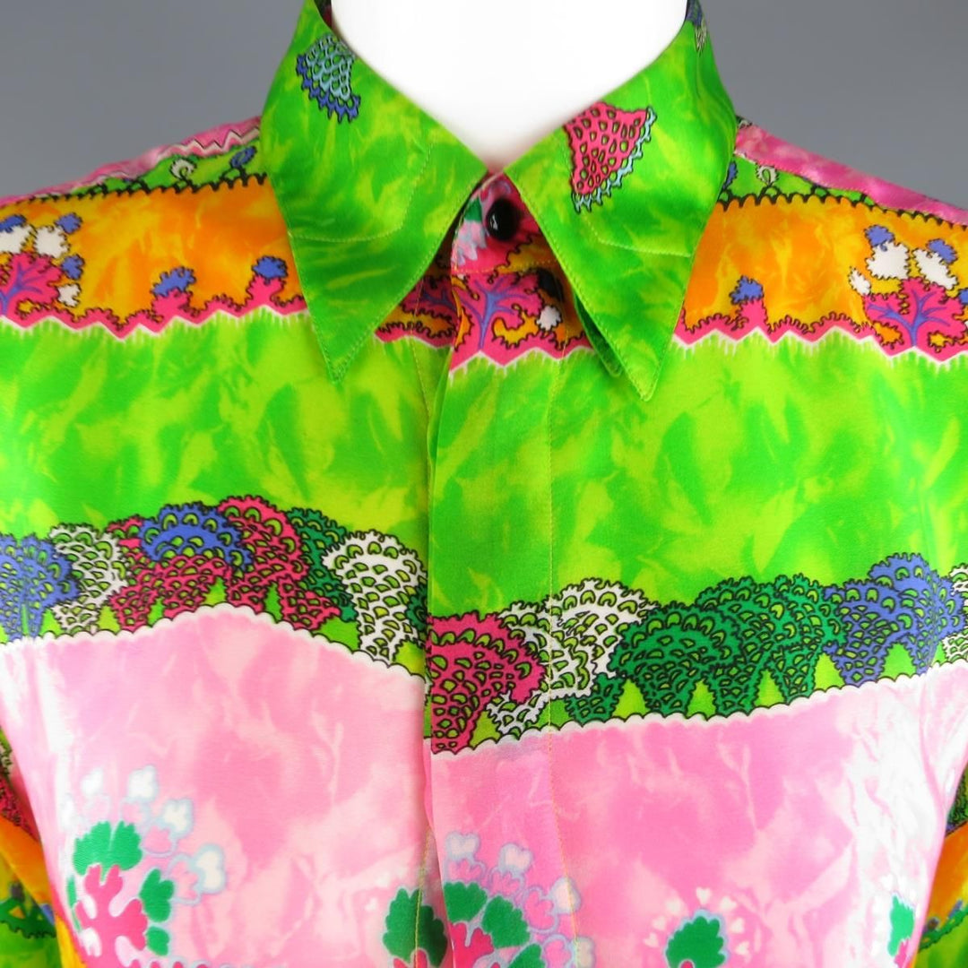 GIANNI VERSACE Size L Multi-Color Watercolor Abstract Plant Print Silk Blouse