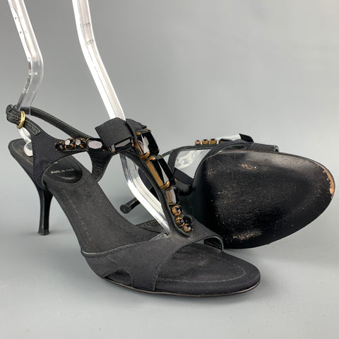 MIU MIU Sandalias con tiras y diamantes de imitación en negro, talla 7,5