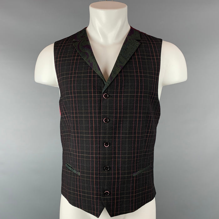 ETRO Size 44 Black & Burgundy Plaid Wool Buttoned Vest