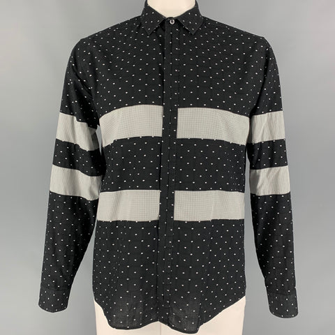 LES HOMMES Size L Black White Dots Cotton Long Sleeve Shirt