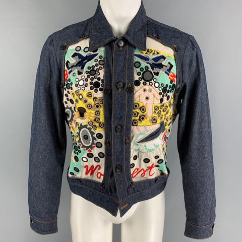 WALTER VAN BEIRENDONCK FW 16 Woest Collection Size XS Indigo Multi-Color Embroidered Cotton Reversible Frame Jacket