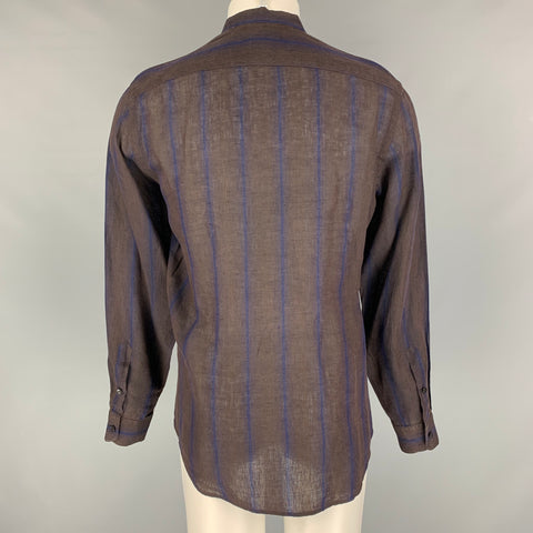 PAL ZILERI Size M Brown &  Blue Stripe Linen Nehru Collar Long Sleeve Shirt