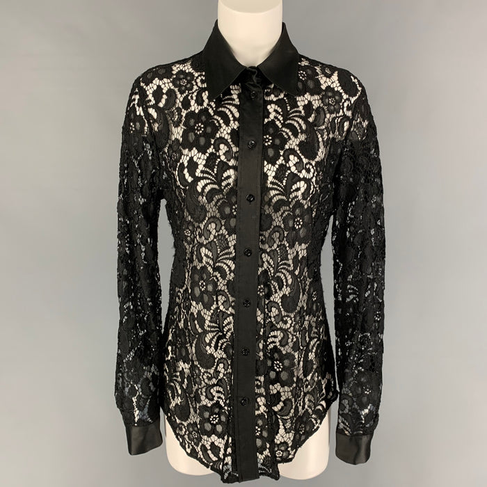 MOSCHINO Size 10 Black Polyamide Lace Button Up Shirt