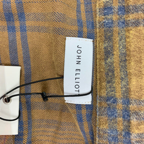 JOHN ELLIOTT Size L Mustard Blue Plaid Brushed Cotton Cropped Long Sleeve Shirt