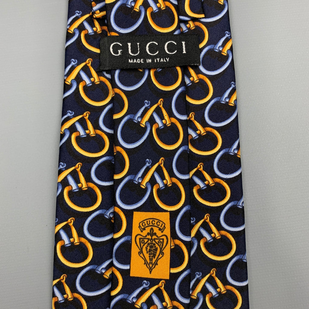 GUCCI Navy & Blue Gold Equestrian Silk Tie