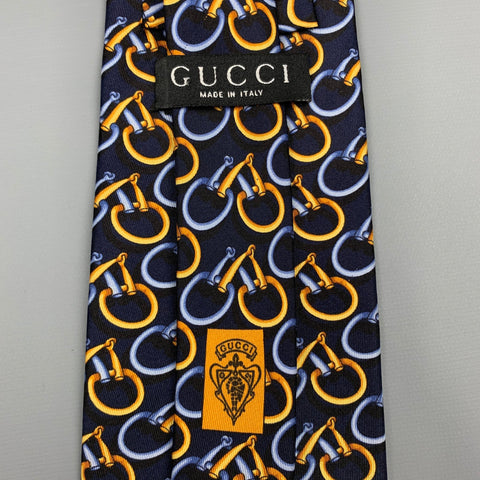 Corbata de seda ecuestre azul marino y dorada de GUCCI