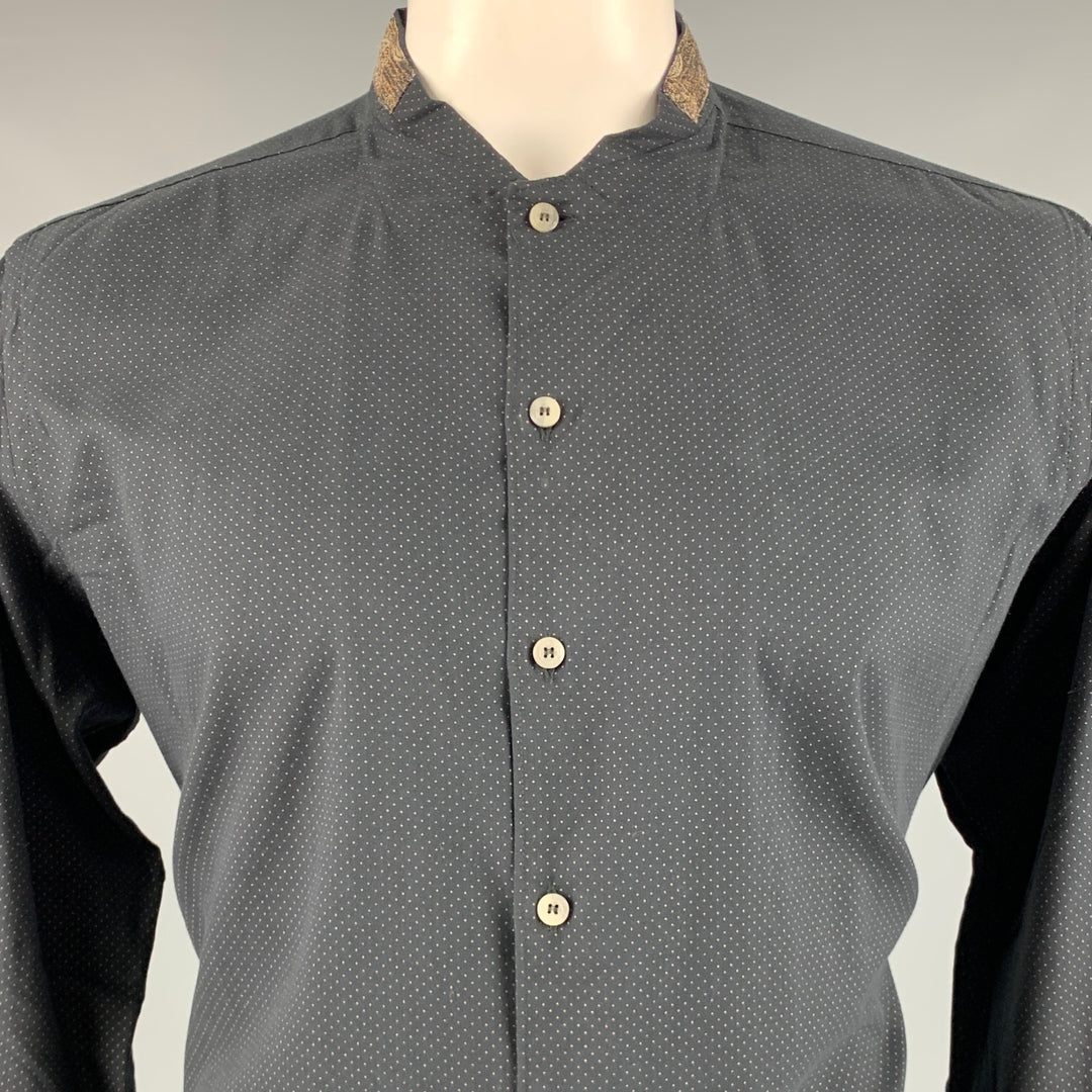 ETRO Size L Black Brown Dots Wool Collarless Long Sleeve Shirt