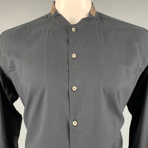 ETRO Taille L Chemise à manches longues sans col en laine à pois marron noir
