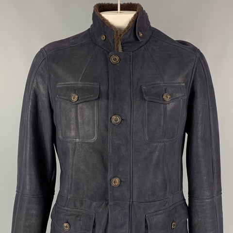 BRUNELLO CUCINELLI Size XL Navy Leather Zip & Buttons Jacket